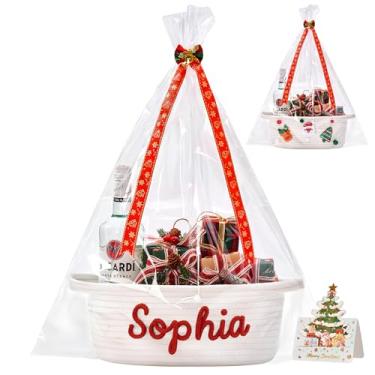 Imagem de Cestas de Natal para presentes vazias, cestas de presente de Natal brancas de corda tecida vazias com alça, fita, decoração de fileira, corda de algodão de nome personalizado, cestas de armazenamento