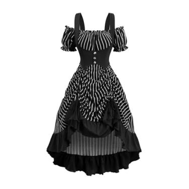 Imagem de ROSE GAL Plus Size Renaissance Costume Womens Medieval Steampunk Pirate Ren Faire Dress Vintage Cold Shoulder Ruffles Cinched Ruched Striped Midi Corset Dress with Buttons(Black_1/L)