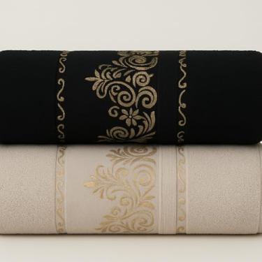 Imagem de Jogo de Toalha de Banho Conjunto de Duas PeçAs 100% AlgodãO Puro Excelente AbsorçãO de áGua Adequado para uso No Banheiro em Viagens Na NataçãO ou Na Academia(Kit 2Toalhas–Preto&Bege)