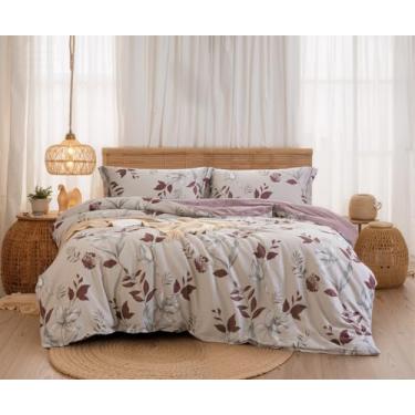 Imagem de SLEEPBELLA Conjunto de edredom King, 600 fios de algodão, bordô, botânico com estampa floral cinza, rosa, reversível, 3 peças (king, bordô botânico)