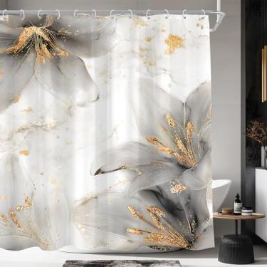 Imagem de Cinbloo Cortina de chuveiro com flores pretas e douradas 182 cm L x 182 cm A abstrata moderna floral cinza dourado textura de tinta ombré luxuosa botânica minimalista conjunto de cortinas de banheiro