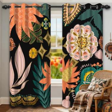 Imagem de GICDSU Cortinas blecaute florais para quarto, cortinas escurecidas para quarto, conjunto de 2 painéis de 244 cm de comprimento, estilo meados do século em rosa e verde, decoração boho cortinas vintage