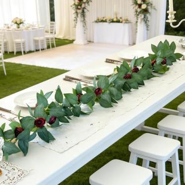Imagem de Guirlanda de rosas artificiais com flores vermelhas e brancas mistas, videira para mesa de casamento, festa e decoração de parede (mistura vermelha e branca)