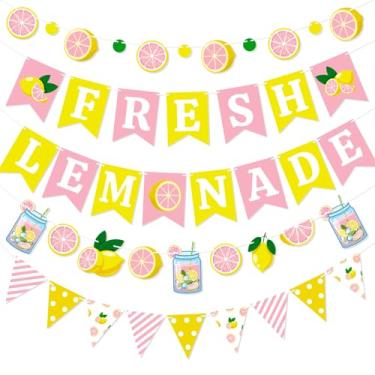Imagem de 5 peças de decorações de festa com suporte de limonada – faixa de sinal de limão rosa, suprimentos de guirlanda cítrica para aniversário amarelo, chá de panela, decoração de verão