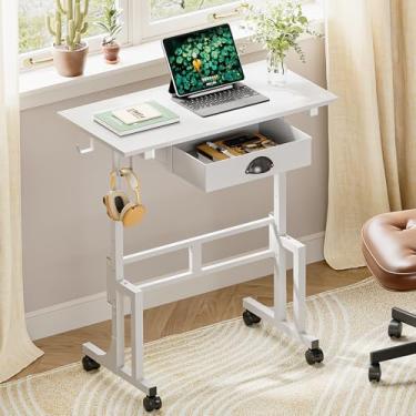 Imagem de Samll Mesa de computador branca com gavetas, mesa de escritório em casa ajustável em altura com 4 rodas e 2 ganchos, mesa de jogos de estudo portátil com rodinhas para laptop, tablet, tapete de