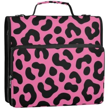 Imagem de Pasta organizadora de fichário preto leopardo rosa 3 anéis com zíper 3 anéis bolsa de fichário para ensino médio com alça de armazenamento com alça, 34,5 x 31,5 x 9 cm