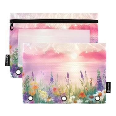 Imagem de Estojo de lápis com 3 anéis de impressão artística pintado de flores silvestres prado rosa para lápis com zíper fichário escolar bolsos transparentes tecido 25 cm x 18 cm, 2 pacotes