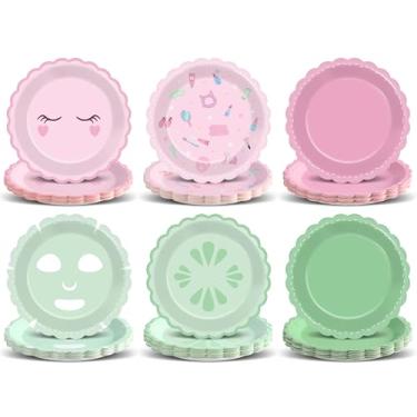 Imagem de 60 peças de decorações de festa de spa, pratos de papel de spa recortados, rosa e verde, conjunto de utensílios de mesa, jantar, sobremesa, utensílios de jantar, artigos de festa do pijama para