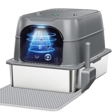 Imagem de Smart Odor Control XXL Caixa de areia fechada de aço inoxidável para gatos grandes, desodorizante de esterilização por plasma com pausa automática infravermelha e automonitoramento, chega de odores