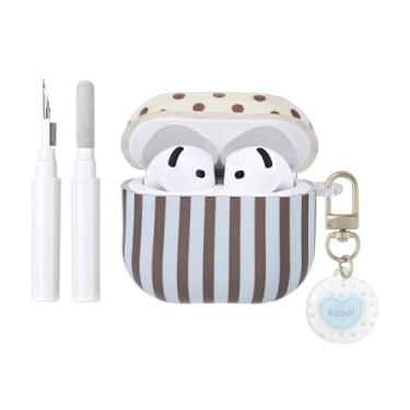 Imagem de Fycyko Capa protetora para AirPod 4ª geração com chaveiro listrado de bolinhas na moda bonita estética brilhante à prova de choque para AirPod 4 com kit de limpeza - azul