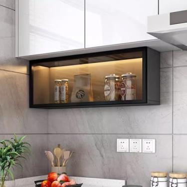 Imagem de Armário de exibição de vidro montado na parede de cozinha, armário de armazenamento despensa cinza/branco com portas, prateleiras de armazenamento para banheiro com luz, armário suspenso instalação