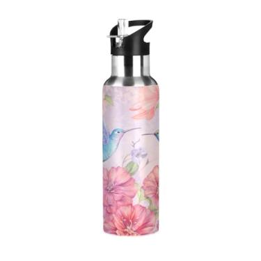 Imagem de Burbuja Garrafa de água de aço inoxidável beija-flores e flores, garrafas de água isoladas a vácuo com tampa de canudo para esportes, academia, escola - à prova de vazamento e suor, sem BPA, 590 ml