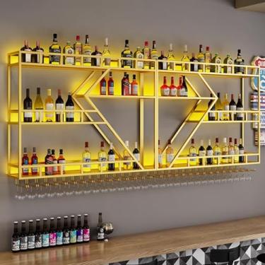 Imagem de Rack de vinho LED montado na parede - Prateleiras grandes de barra de metal, exibição de garrafa de licor flutuante industrial com suporte de taça de vinho, elegante suporte de vinho de ferro para