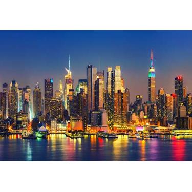 Imagem de Leowefowa Pano de fundo da cidade de Nova York, 2,1 x 1,5 m de vinil, arranha-céu, vista noturna, cenário fotográfico NYC Light Skyline Background New York Party Broadcase Video Podcast Studio