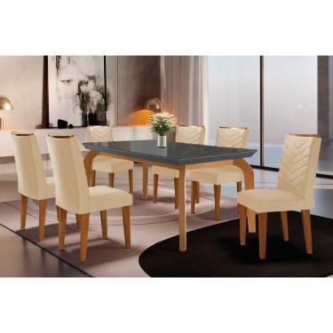 Imagem de Sala De Jantar Completa Londrina Tampo Madeirado C- Vidro Curvo 180x90 E 6 Cadeiras Londrina Imbuia-veludo Creme-pérola - Rufato