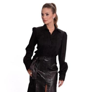 Imagem de Camisa Social Feminina Detalhe Punho Rendada Teodoro Luxo, Preto, P