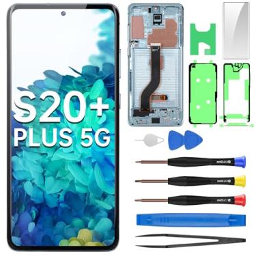 Imagem de BESJMYT Tela de substituição AMOLED para Samsung Galaxy S20 Plus 5G OLED Display Touch digitalizador conjunto completo com moldura azul Aura e botão lateral kit de ferramentas de reparo de vidro