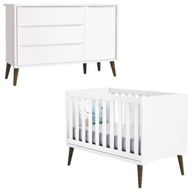 Imagem de Berço Americano e Cômoda com Porta Infantil Theo Branco Acetinado com 