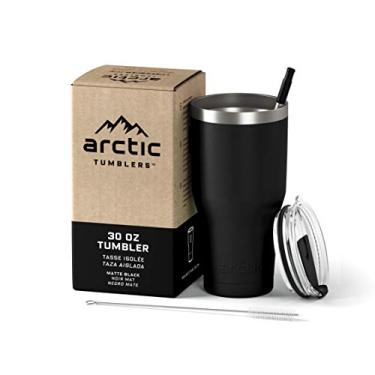 Imagem de Arctic Tumblers | Copo isolado preto fosco de 850 g com canudo e limpador – mantém a temperatura até 24 horas – Tampa à prova de respingos sem derramamento, tecnologia de vácuo de parede dupla, livre de BPA e construído para durar