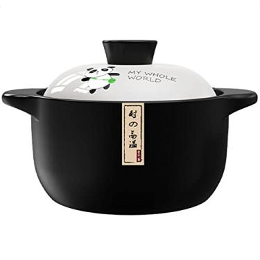 Imagem de QWERTYUI Caçarola de cerâmica panela de barro padrão de desenho animado panela redonda de cerâmica ensopado com tampa, panela de sopa de alta temperatura resistente ao calor para casa cozida,