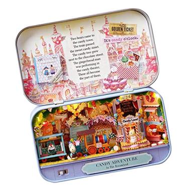 Imagem de casa bonecas em miniatura, Cabine Paisagem Tinplate Box, casa bonecas LED arquitetural vintage para crianças e adultos Xuany