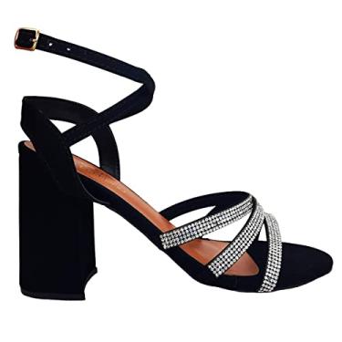 Imagem de Sandália Feminina Salto Grosso Bloco Brilho Amarração (35, Preto)