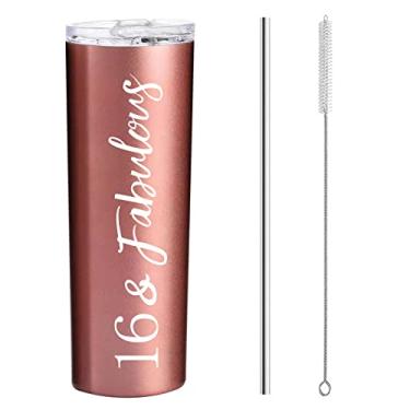 Imagem de Copo de aço inoxidável 16th & Fabulous Rose Gold 590 ml, Sweet 16 Birthday Party Decorações Supplies Present, Sweet 16 Birthday Gifts Idea for Girl, Presentes para Menina de 16 anos, Sweet Sixteen