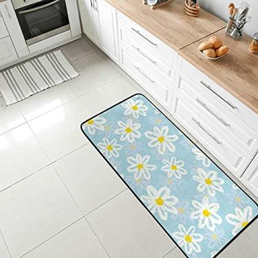 Imagem de Tapete de cozinha com margarida, azul, branco, camomila, antiderrapante, confortável, tapete antifadiga, para sala de jantar, lavanderia, escritório, corredor, 99 x 50 cm