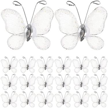 Imagem de Beaupretty 50 borboletas, faça-você-mesmo artesanato fio de malha transparente borboleta com glitter com pedra para casamento decoração de casa festa (branca)