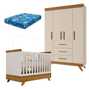 Imagem de Berço Americano e Guarda Roupa Infantil New Vitória 4 Portas Off White Carvalho com Colchão Ortobom - Canaã