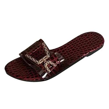Imagem de Sandálias femininas respiráveis de bico aberto casual pele de cobra PU superfície strass fivela sandálias para comércio exterior (vermelho, 35)