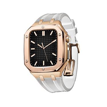 Imagem de INFRI Capa robusta de designer de luxo com pulseira compatível com pulseira de relógio Apple 44 mm e 45 mm, capa protetora de metal com pulseira de silicone amortecedor à prova de choque para homens (cor: rosa branco, tamanho: 45 MM PARA