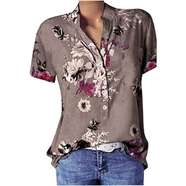 Imagem de Camiseta feminina verão manga curta botão gola V túnica blusa solta estampada camiseta gráfica com bolso Camiseta havaiano Pescoço Casual 2023 baixa curto Top flor floral K61-Cáqui XX-Large