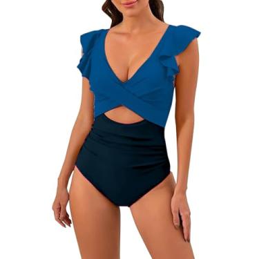 Imagem de Biquíni feminino de cintura alta estampado conservador com almofada de peito sem aço roxo, Azul escuro, M
