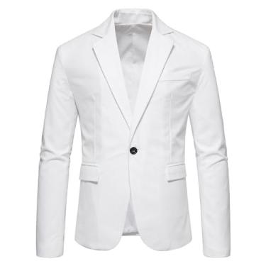 Imagem de Terno casual masculino cor sólida blazer casual bolso abotoado ajuste regular jaqueta terno, Branco, XXG