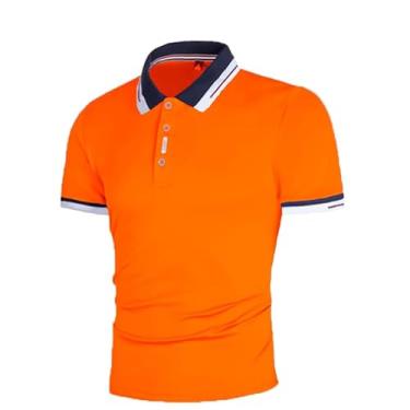 Imagem de BAFlo Nova camiseta masculina com contraste de cores e patchwork, camisa polo masculina de manga curta, Laranja, P
