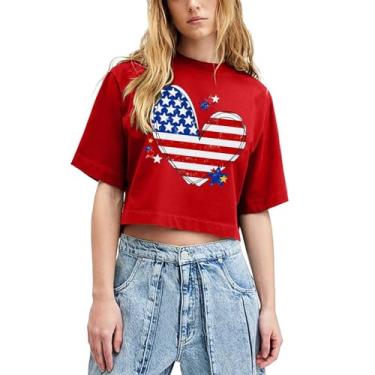 Imagem de Camiseta feminina com bandeira americana patriótica de 4 de julho camiseta manga curta Memorial Day camiseta cropped para meninas, #14 - vermelho, G