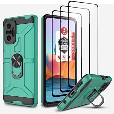Imagem de Capa para Xiaomi Redmi Note 10 Pro, Capa Redmi Note 10 Pro MAX com 3 peças de protetor de tela de vidro temperado, suporte de anel integrado e suporte magnético para carro à prova de choque Defender Armor Rugged Case - verde menta
