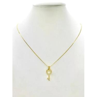 Imagem de Cordão Feminino 1mm Chave Cravejada - Banhado a Ouro 18k - ToJoia18k