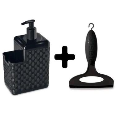 Imagem de Kit Porta Detergente e Sabonete Líquido + Rodinho De Pia Preto Luxo Ra