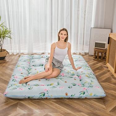 Imagem de MAXYOYO Colchão futon japonês, colchão de chão, almofada de dormir, cama dobrável, colchão de campismo, espreguiçadeira, sofás, colchão, verde floral, tamanho solteiro