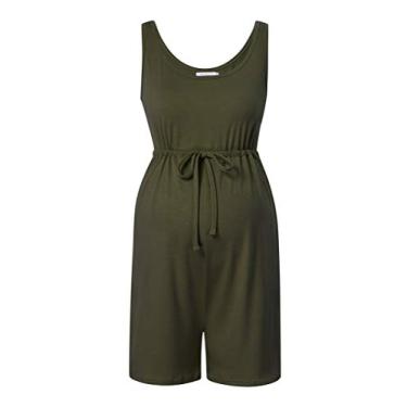 Imagem de FUNJULY Macacão feminino para gestantes, casual, alças finas, macacão de maternidade, amarrado, cintura, regata curta, pijama, Verde oliva, G