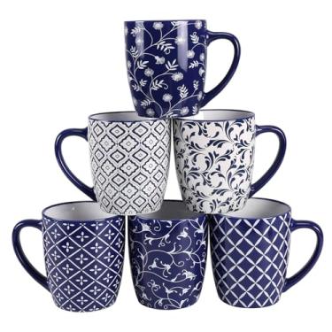 Imagem de Schliersee Conjunto de 6 canecas de café grandes de 510 g, caneca de cerâmica para homem e mulher, copo de porcelana floral geométrico azul branco para latte, chá, cappuccino, mocha, cacau, caneca de