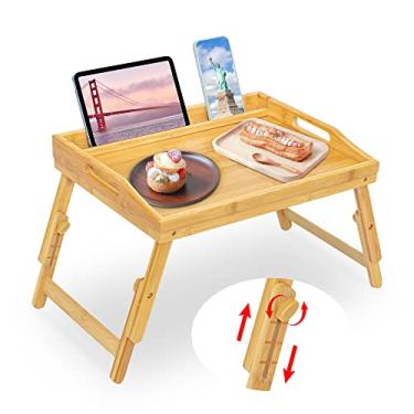 Imagem de Bandeja de cama para comer – Mesa de comida de café da manhã de bambu com suporte para tablet – Bandeja de servir com altura ajustável com pernas dobráveis no sofá de colo – Bandeja portátil para lanches para laptop para piquenique no quarto