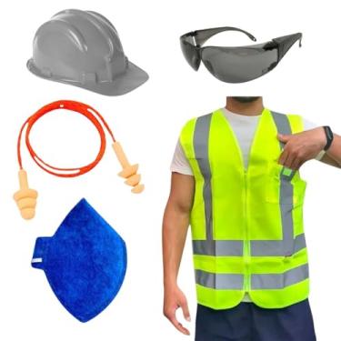 Imagem de Kit Obra Capacete de Proteção Óculos Croma Colete Refletivo Protetor Auricular Máscara PFF2 EPI (Cinza, M)