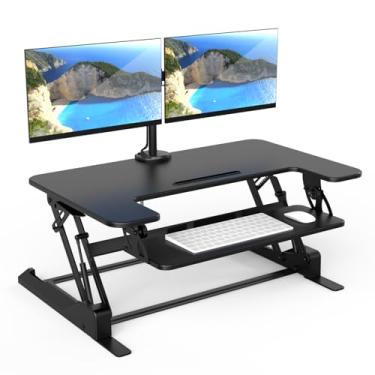 Imagem de Mount-It! Conversor de mesa de pé para monitor duplo, 2 suportes de tela incluídos, elevação de mesa ajustável de altura em preto, conversor de mesa vertical grande de 91 cm de largura, conversor de