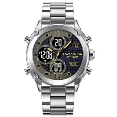 Imagem de Relógio Digital Analógico Masculino, Pulseira de Aço Inoxidável, Mostrador Duplo Com Alarme e Luz de Fundo Resiste À Água