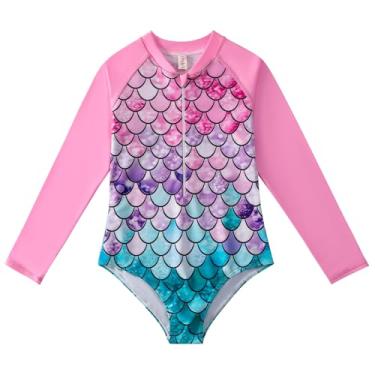 Imagem de Butvashine Maiô feminino sereia peça única com proteção UV roupa de banho de manga comprida Rash Guard, Triângulo rosa, 5-6 Anos