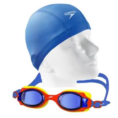 Imagem de Kit Natação Óculos Speedo Lappy Infantil + Touca Xtrafit Jr Tecido Confortável 4 a 12 Anos (Óculos Vermelho + Touca Azul)