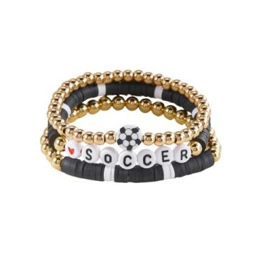 Imagem de Pingyongchang Pulseira elástica feminina de verão com 3 bolas esportivas de argila de polímero e contas de ouro fofas feitas à mão beisebol, basquete, futebol, vôlei, bola esportiva, Metal, Liga